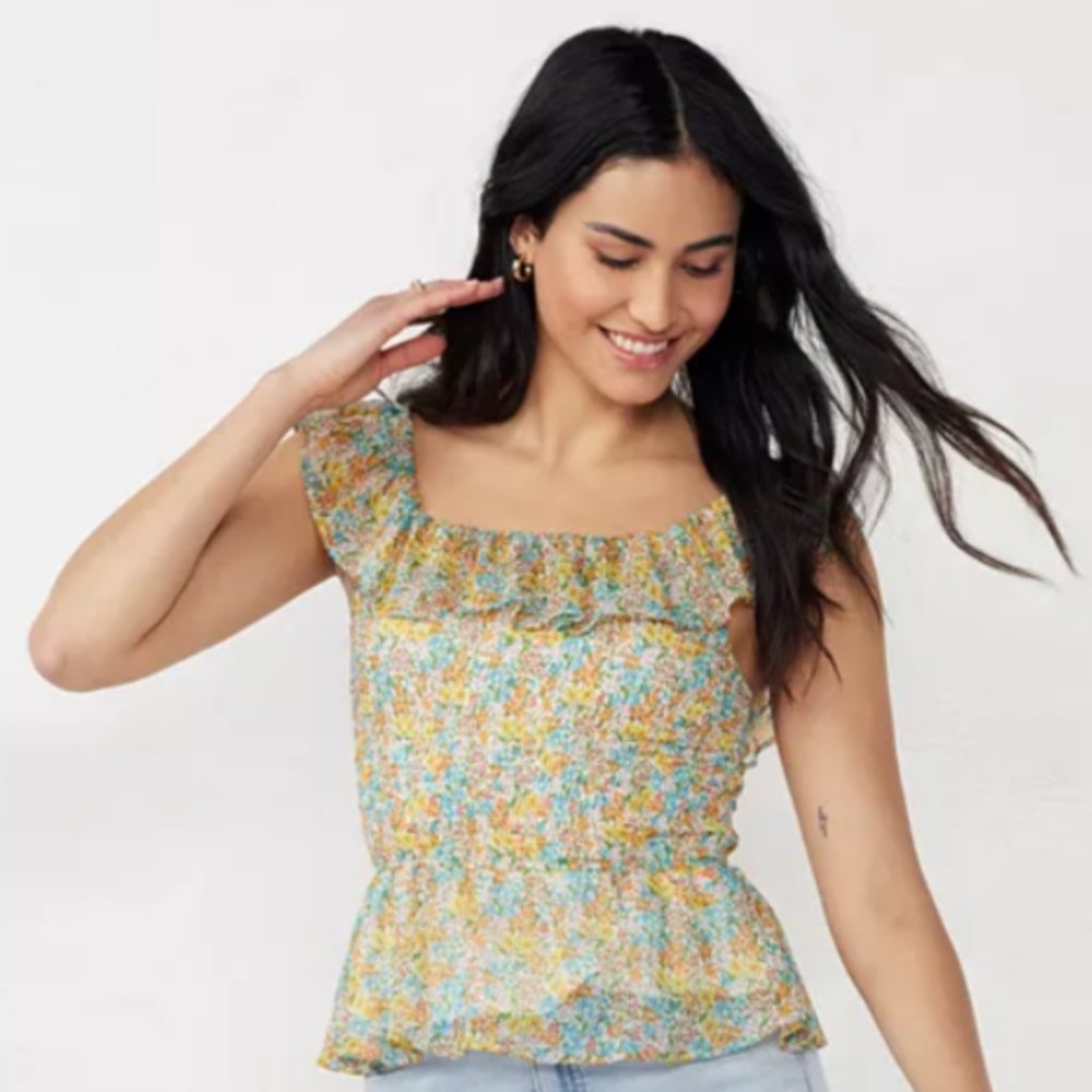 Women's LC Lauren Conrad Print Smocked Ruffle Tank